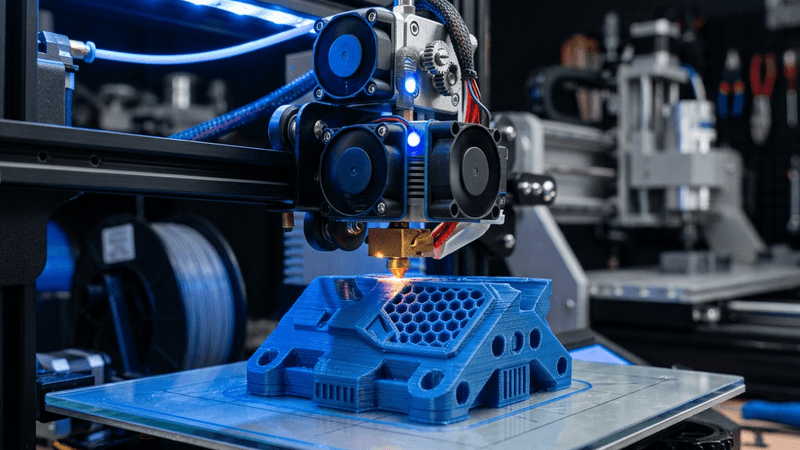 Close-up of 3D printer creating a detailed prototype with blue ambient lighting